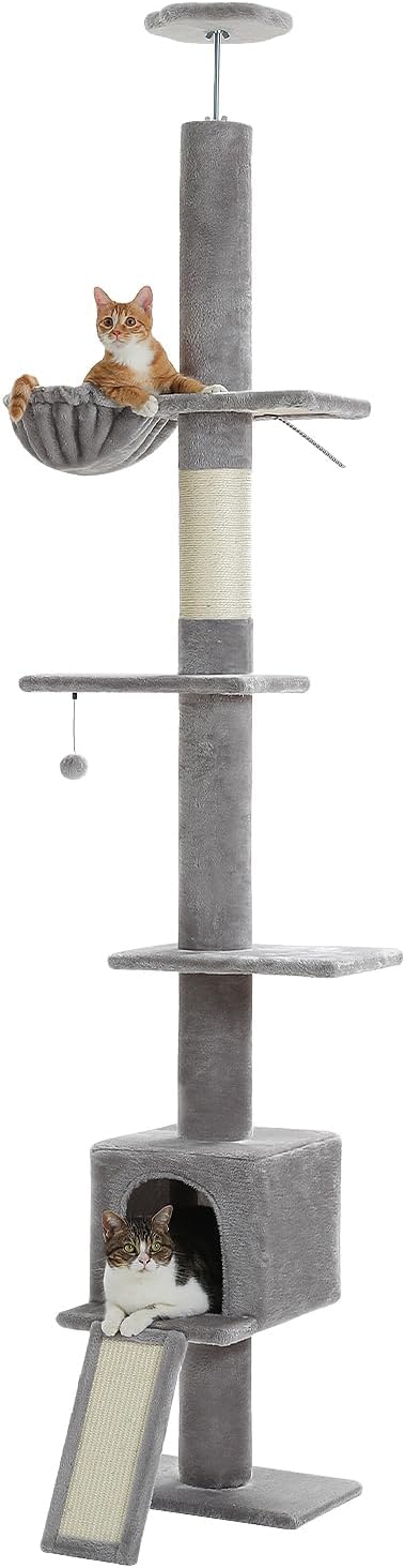 Deckenhoher Kratzbaum, verstellbar (216-273 cm), mit Hängematte und Katzenhöhle, Grau