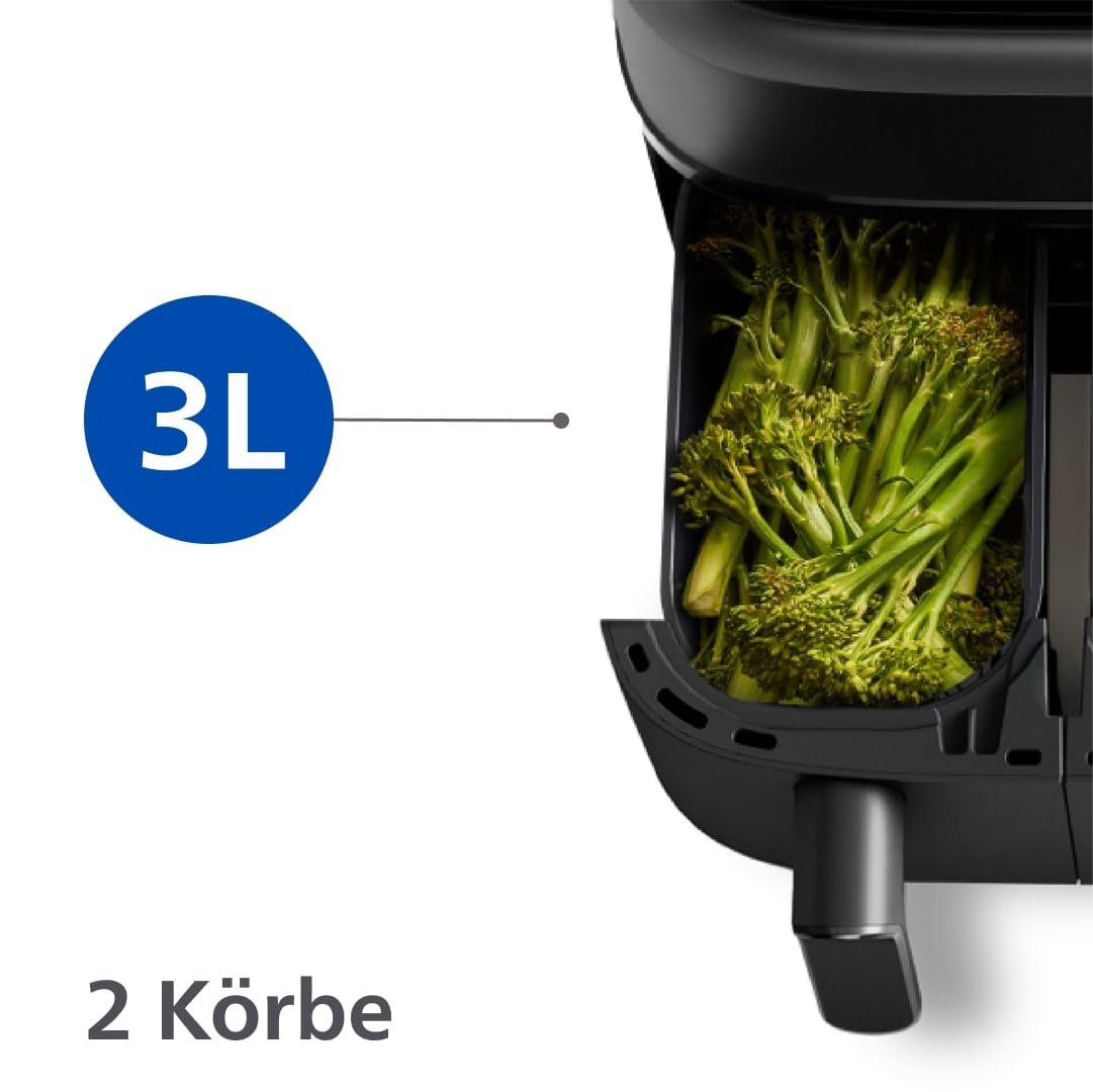 Philips Airfryer Dual Basket 3000 Series – 9L Heißluftfritteuse, 2 Körbe, RapidAir Plus Technologie, 90% weniger Fett