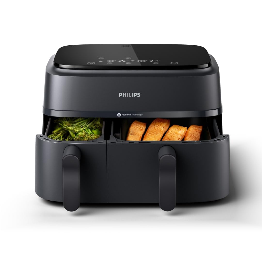 Philips Airfryer Dual Basket 3000 Series – 9L Heißluftfritteuse, 2 Körbe, RapidAir Plus Technologie, 90% weniger Fett