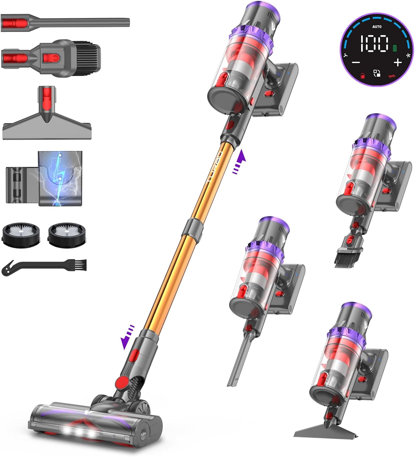 Coovy SU7 Akku Staubsauger – 580W, 45000Pa, Kabellos, bis zu 70 Min Laufzeit, Großes Display & Automatikmodus