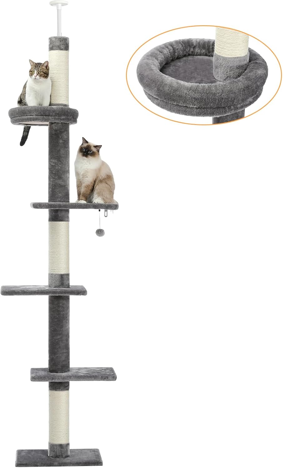 Höhenverstellbarer 5-stöckiger Kratzbaum, Deckenhoch, mit gemütlichem Bett und baumelndem Ball, für Indoor-Katzen, Grau