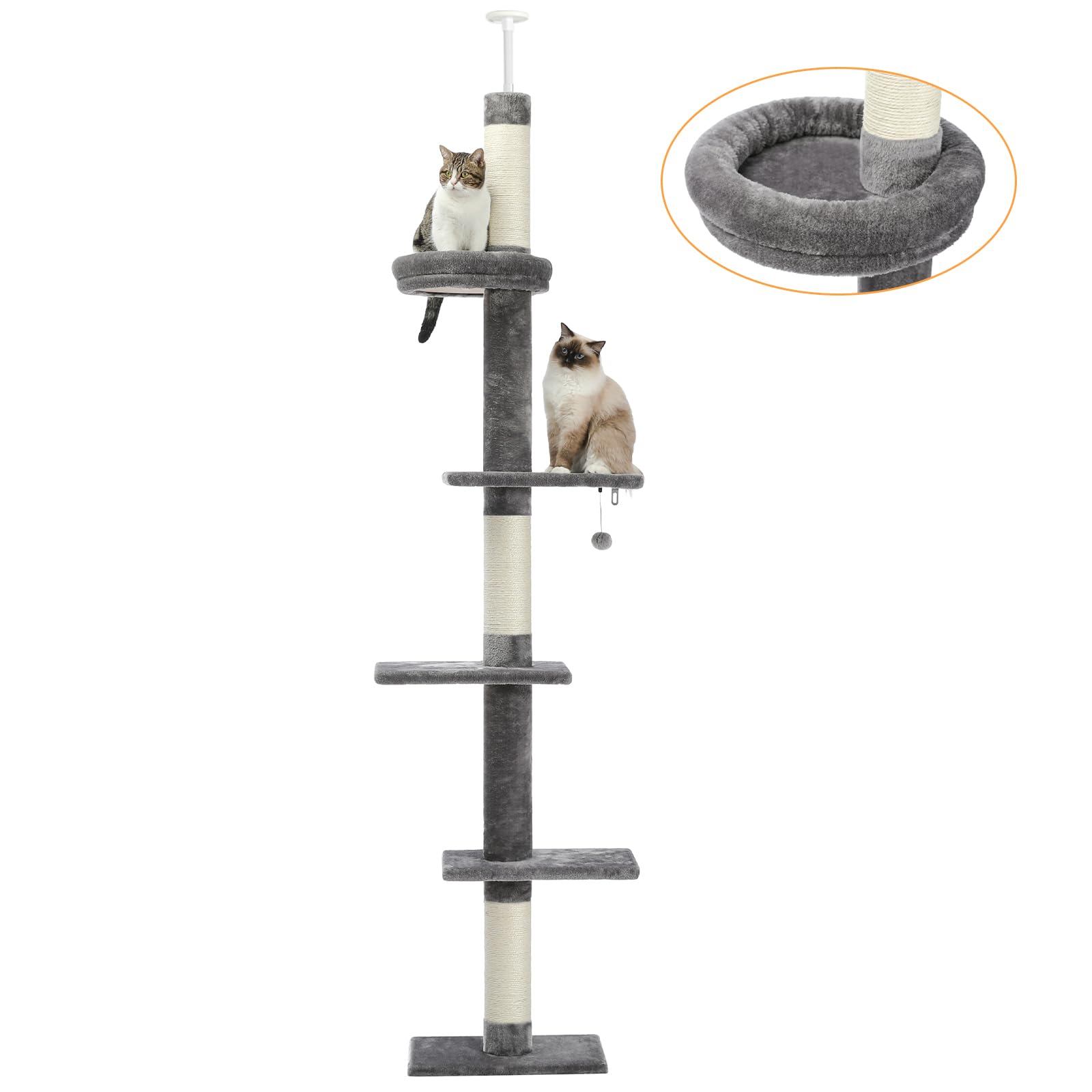 Höhenverstellbarer 5-stöckiger Kratzbaum, Deckenhoch, mit gemütlichem Bett und baumelndem Ball, für Indoor-Katzen, Grau