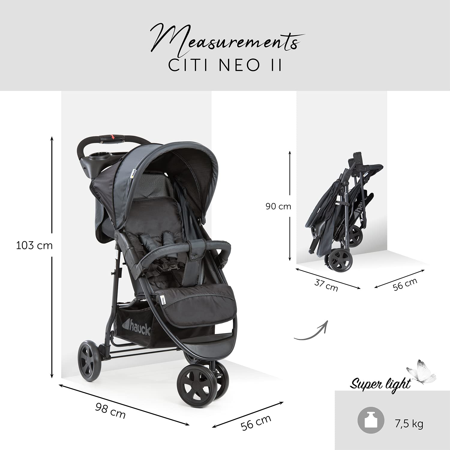 Leichter & Faltbarer Buggy mit Liegefunktion, Getränkehalter & XL-Korb – Schwarz