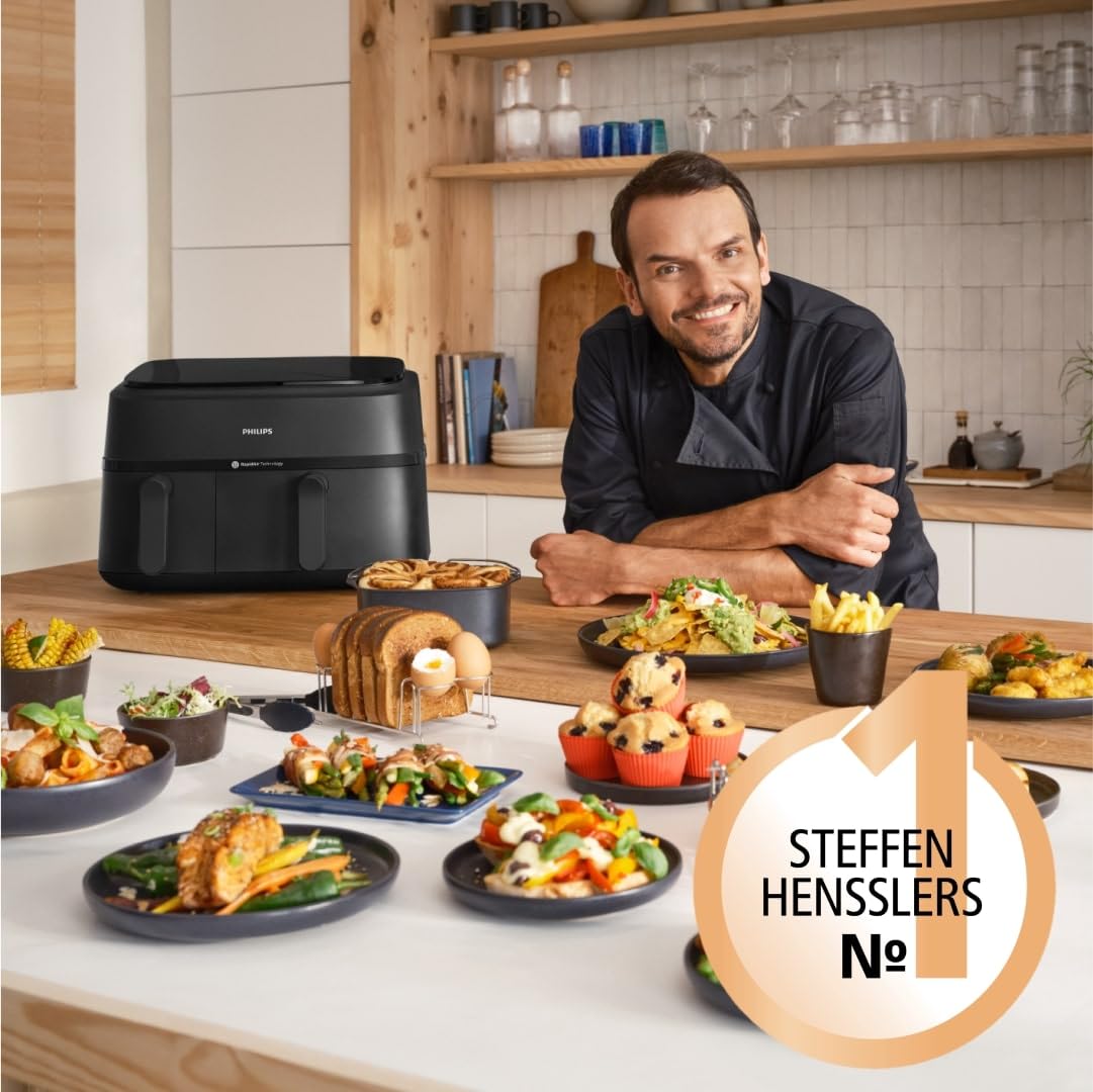 Philips Airfryer Dual Basket 3000 Series – 9L Heißluftfritteuse, 2 Körbe, RapidAir Plus Technologie, 90% weniger Fett