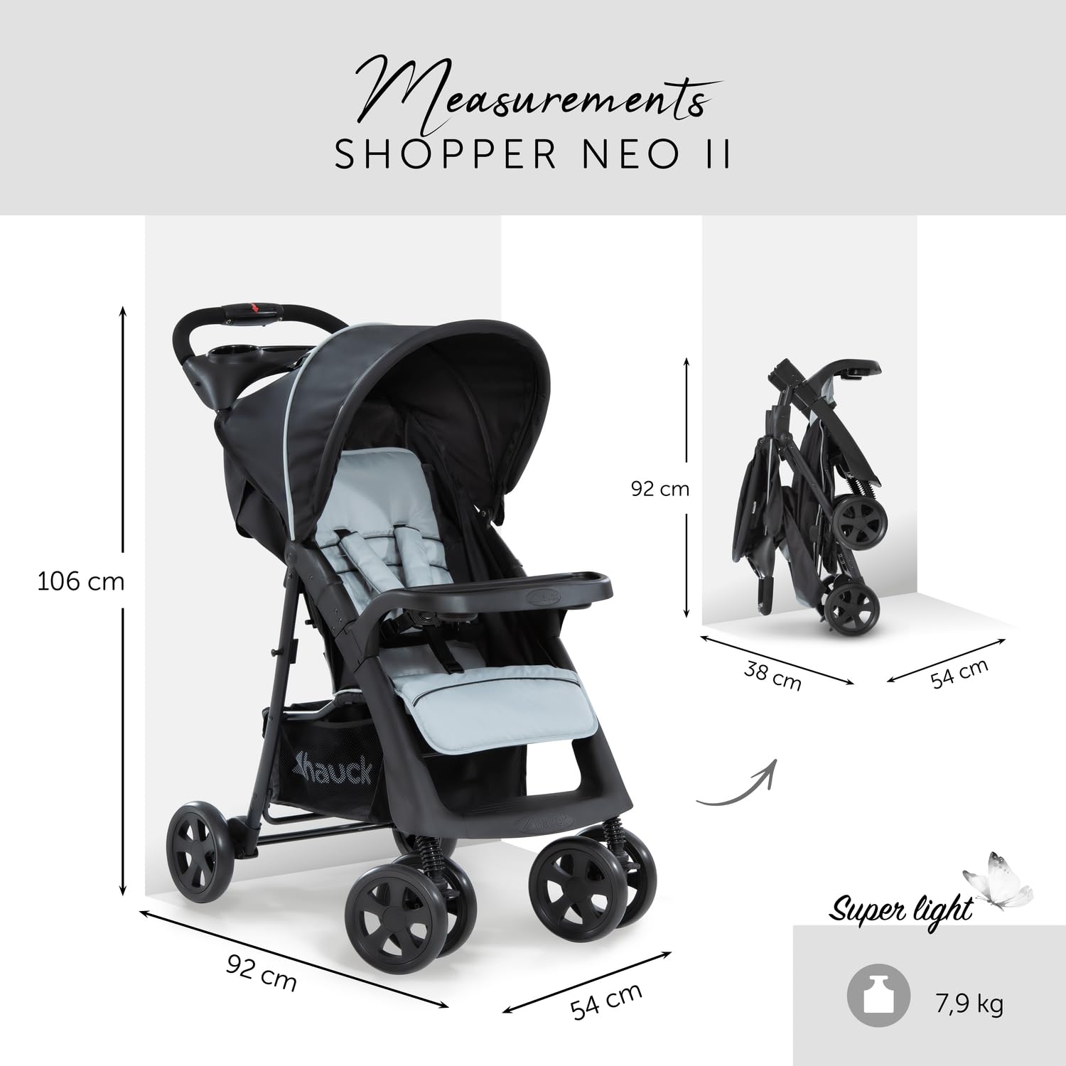 Kompakter Buggy mit Liegefunktion, Getränkehalter & XL-Korb, einhändig faltbar – Caviar/Silver