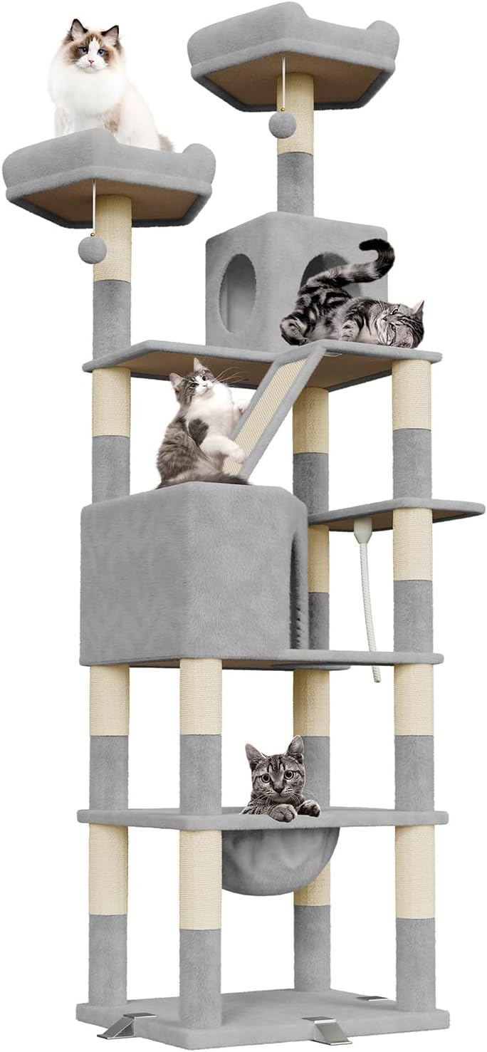 Katzenbaum XXL 208 cm mit 16 Kratzsäulen, Katzenhaus und Hängematte
