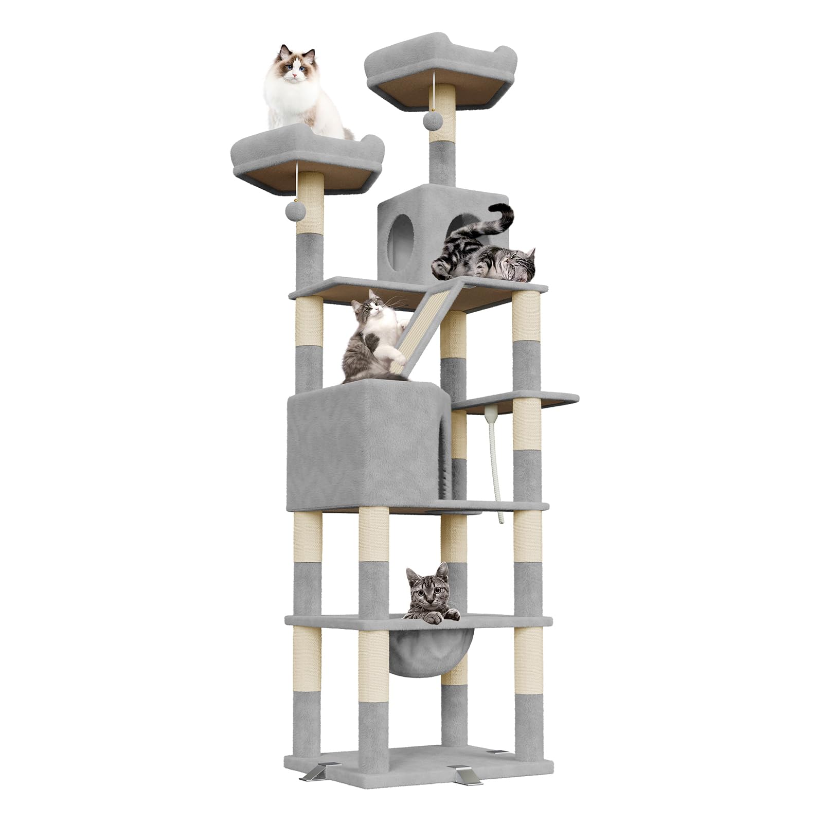 Katzenbaum XXL 208 cm mit 16 Kratzsäulen, Katzenhaus und Hängematte