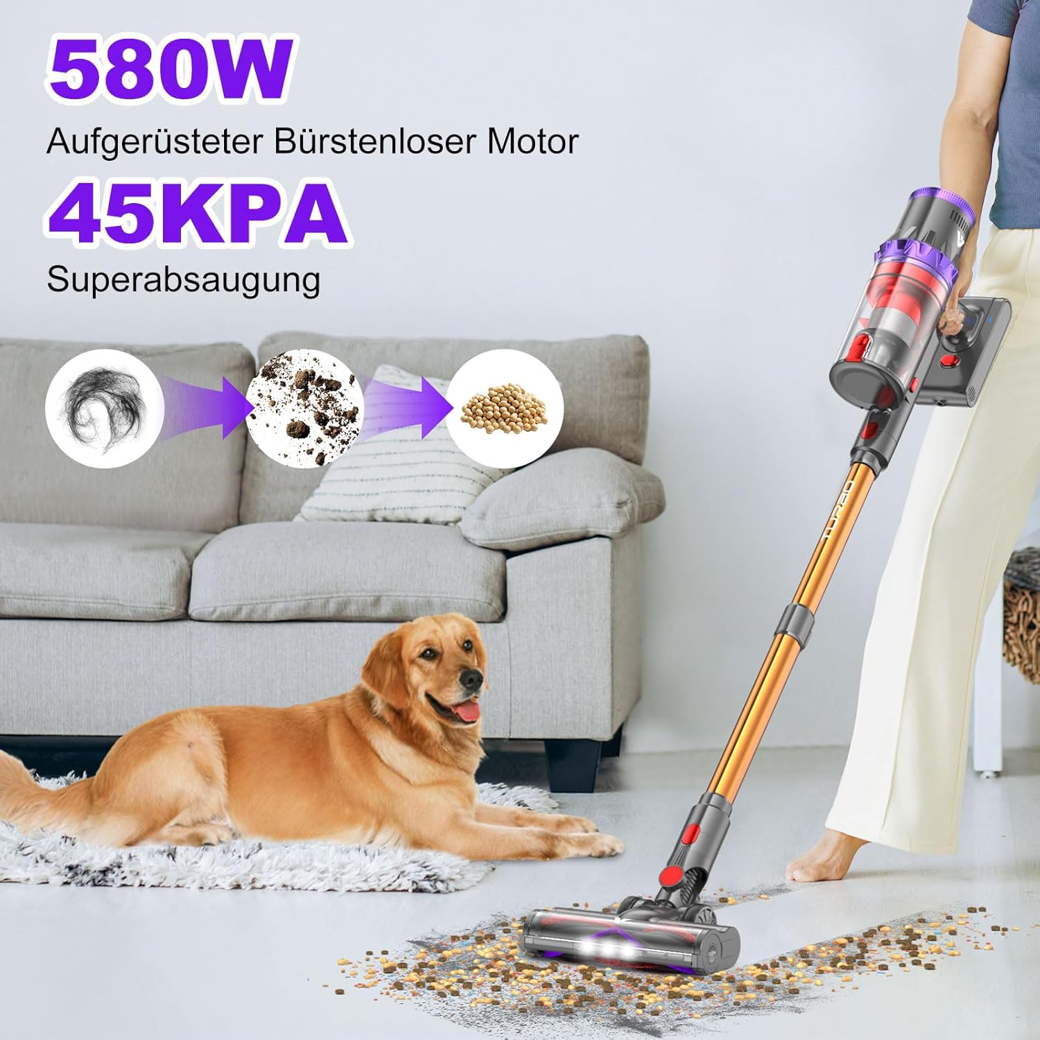 Coovy SU7 Akku Staubsauger – 580W, 45000Pa, Kabellos, bis zu 70 Min Laufzeit, Großes Display & Automatikmodus