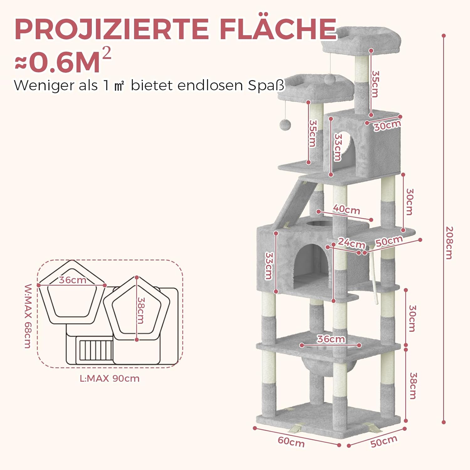 Katzenbaum XXL 208 cm mit 16 Kratzsäulen, Katzenhaus und Hängematte