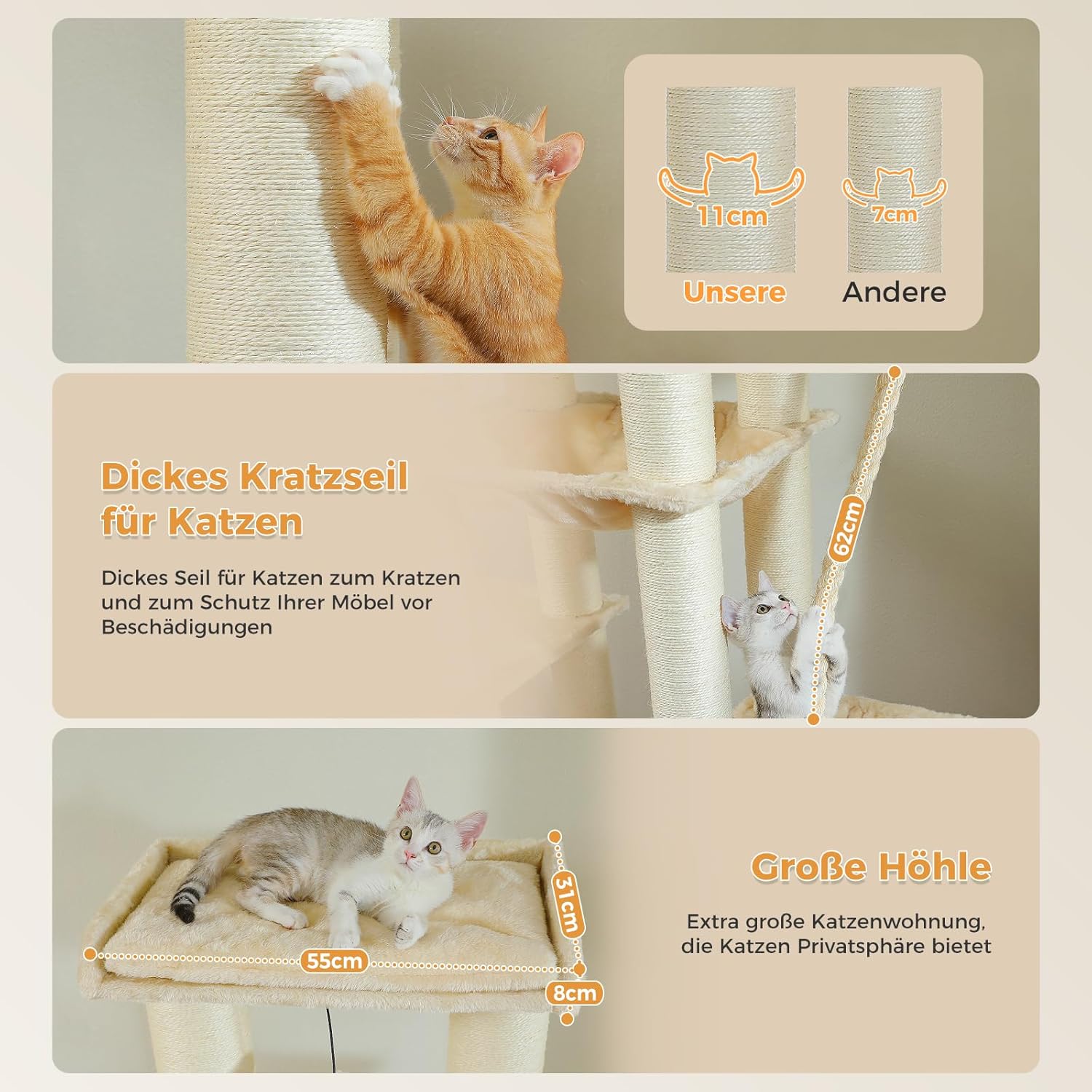 Kratzbaum für große Katzen, 169 cm, mit 11 Kratzstämmen, Hängematte und Höhle