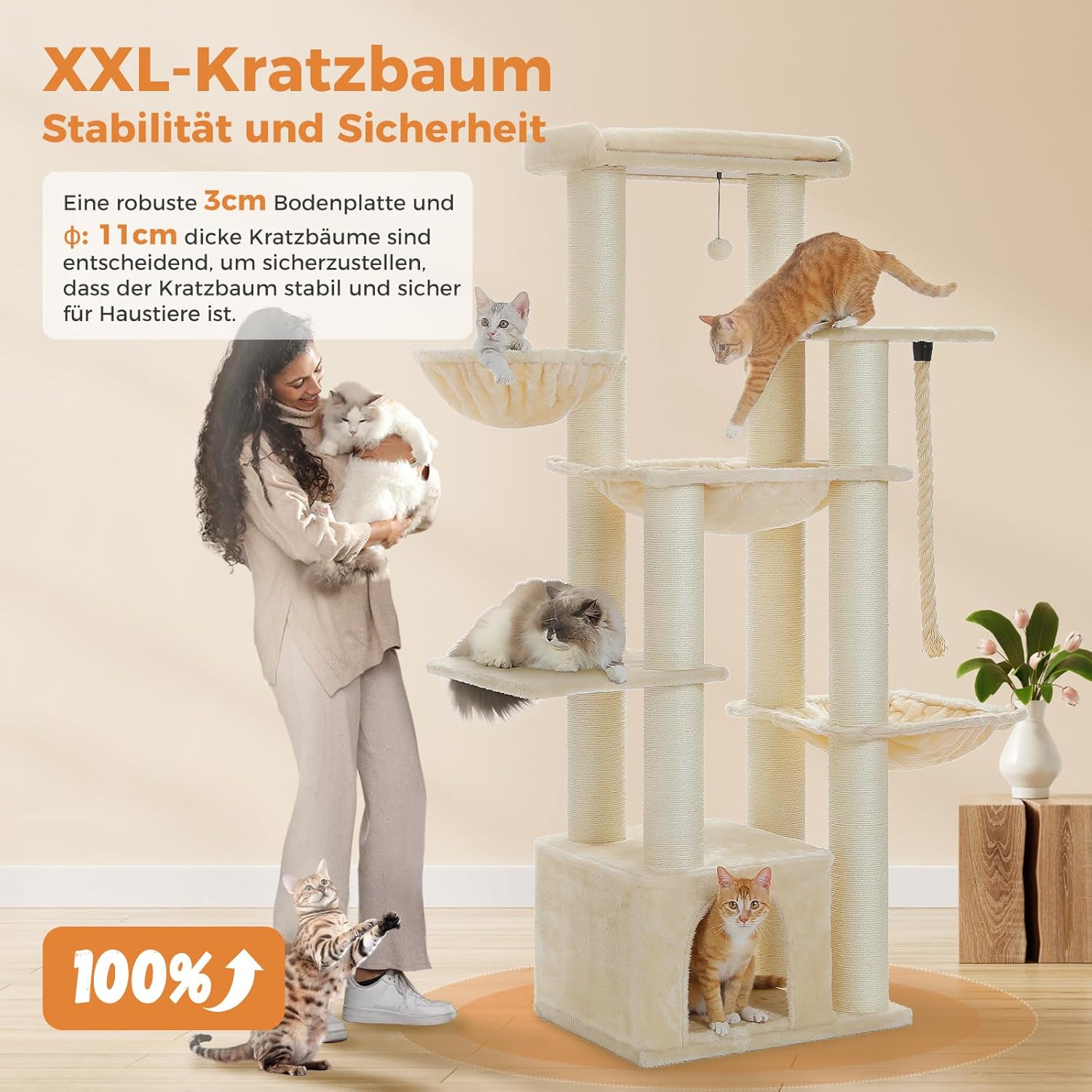 Kratzbaum für große Katzen, 169 cm, mit 11 Kratzstämmen, Hängematte und Höhle