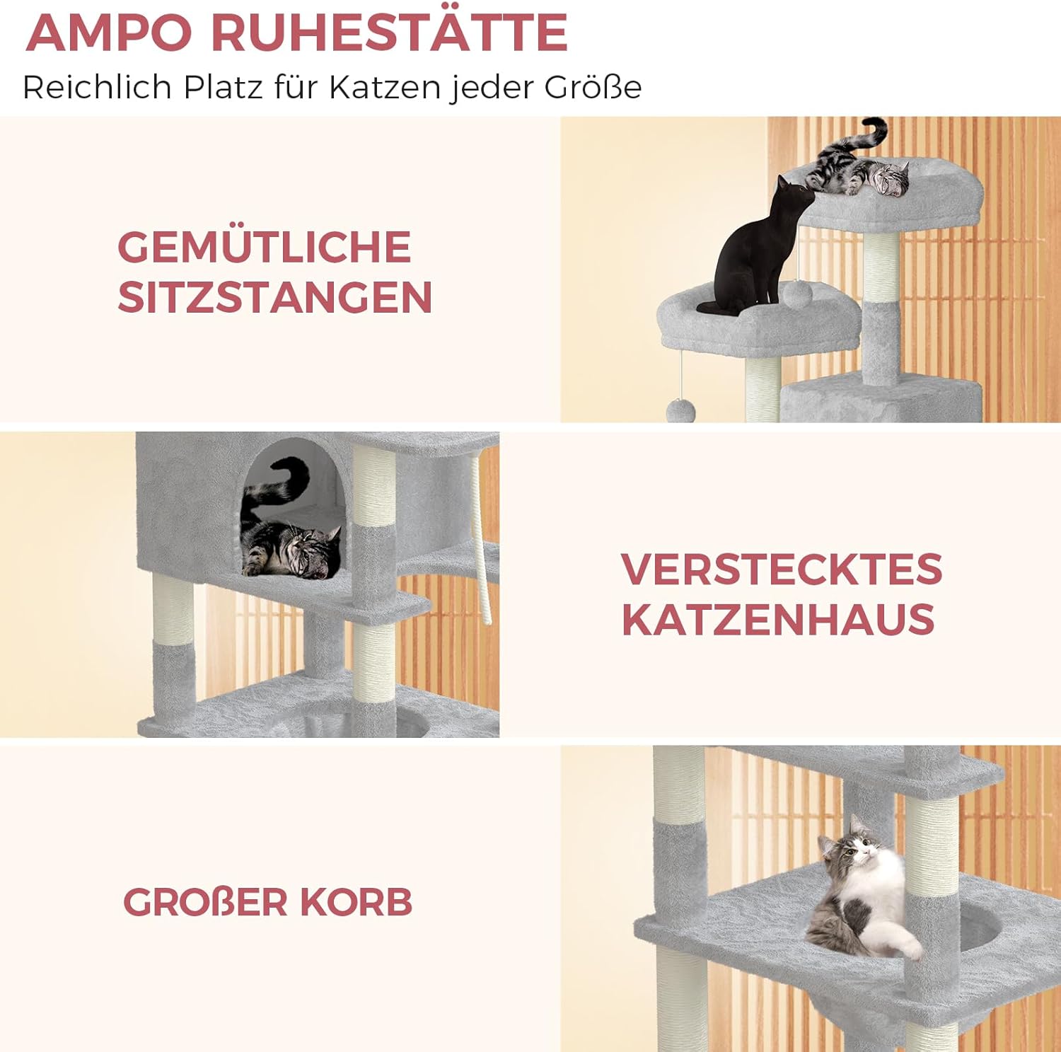 Katzenbaum XXL 208 cm mit 16 Kratzsäulen, Katzenhaus und Hängematte