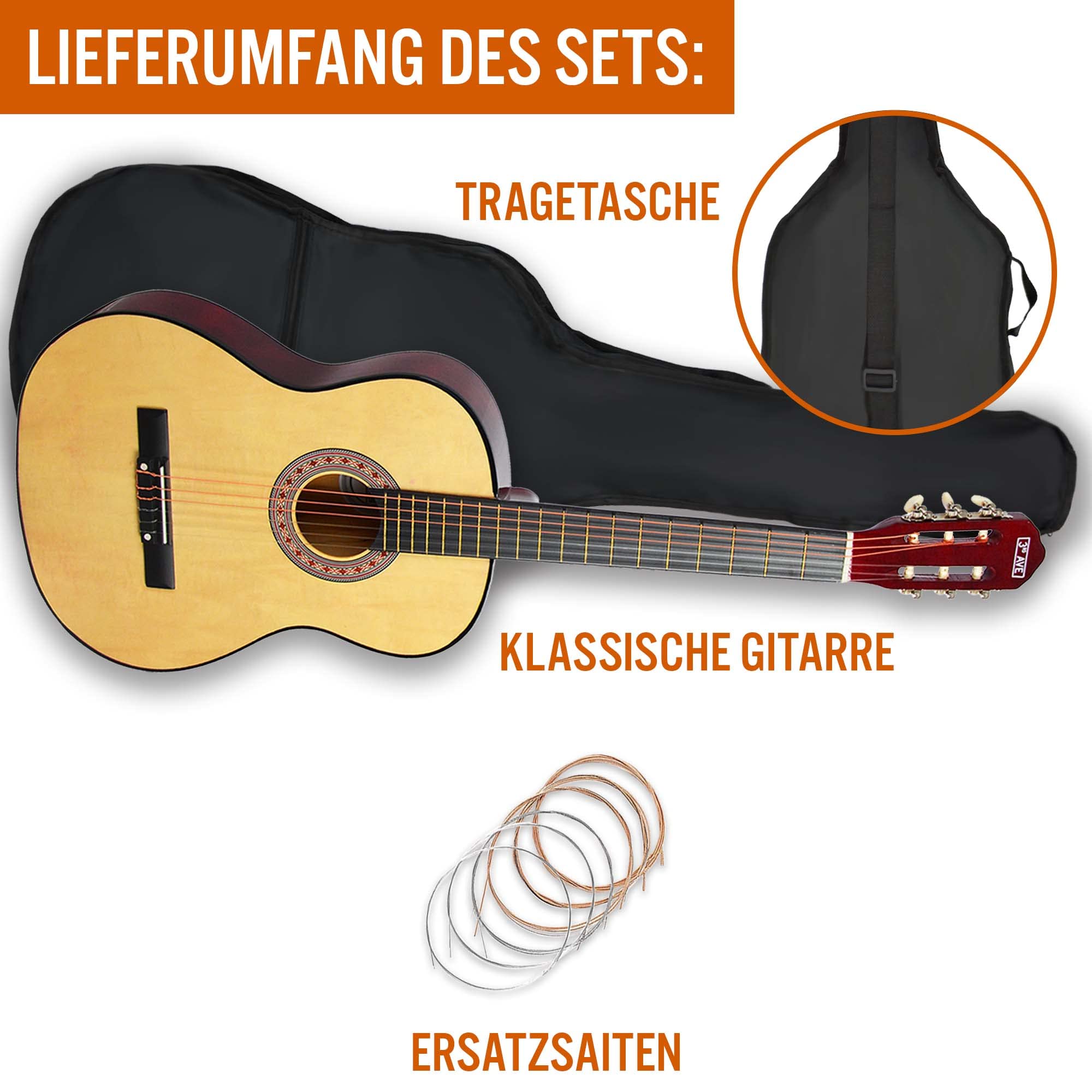 Klassikgitarre 4/4 – Vollgröße mit spanischen Nylonsaiten, Einsteigerpaket, Natur