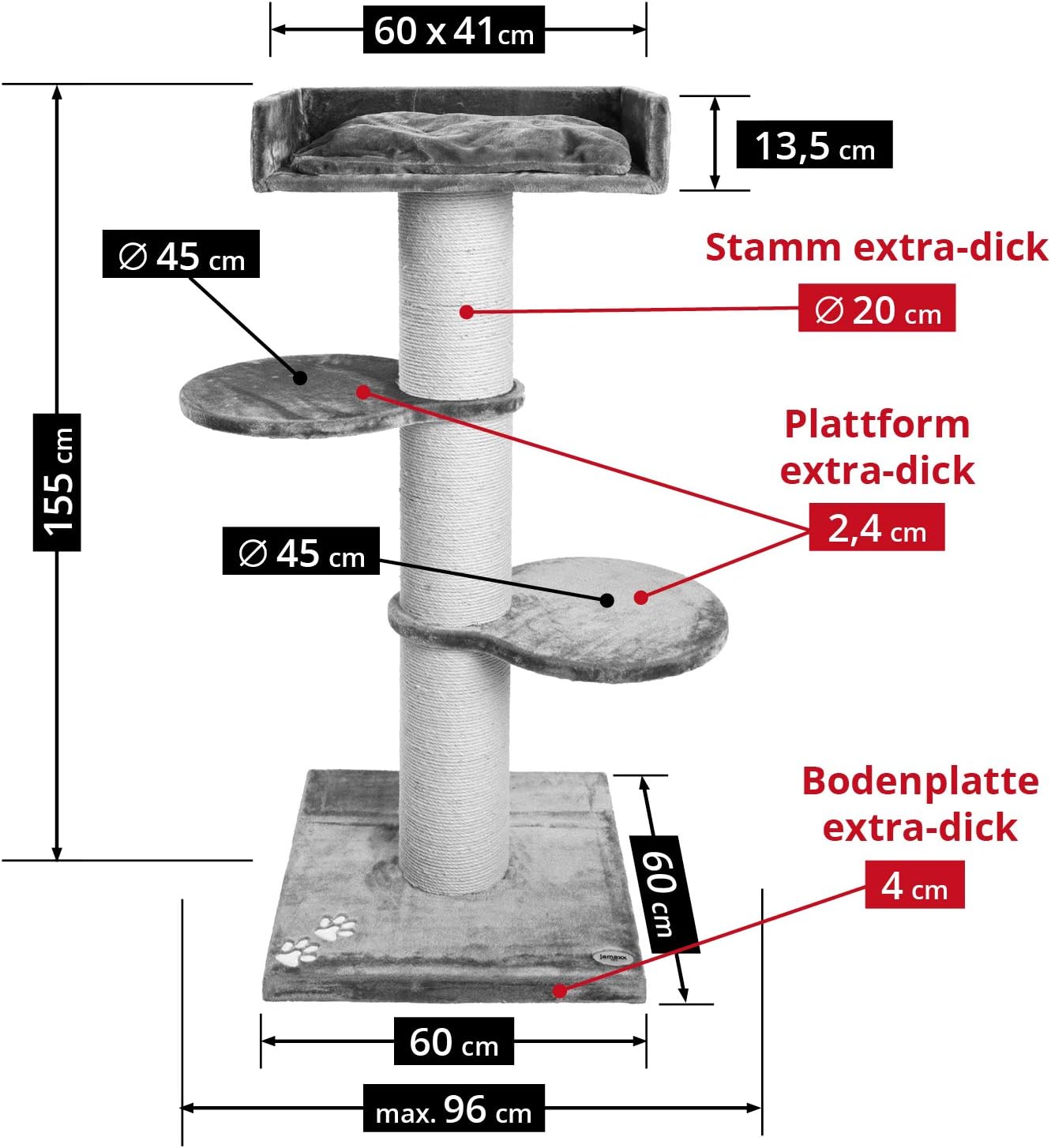 XXL Kratzbaum 155 cm – Stabiler Katzenbaum mit extra dickem Plüsch und starkem Stamm