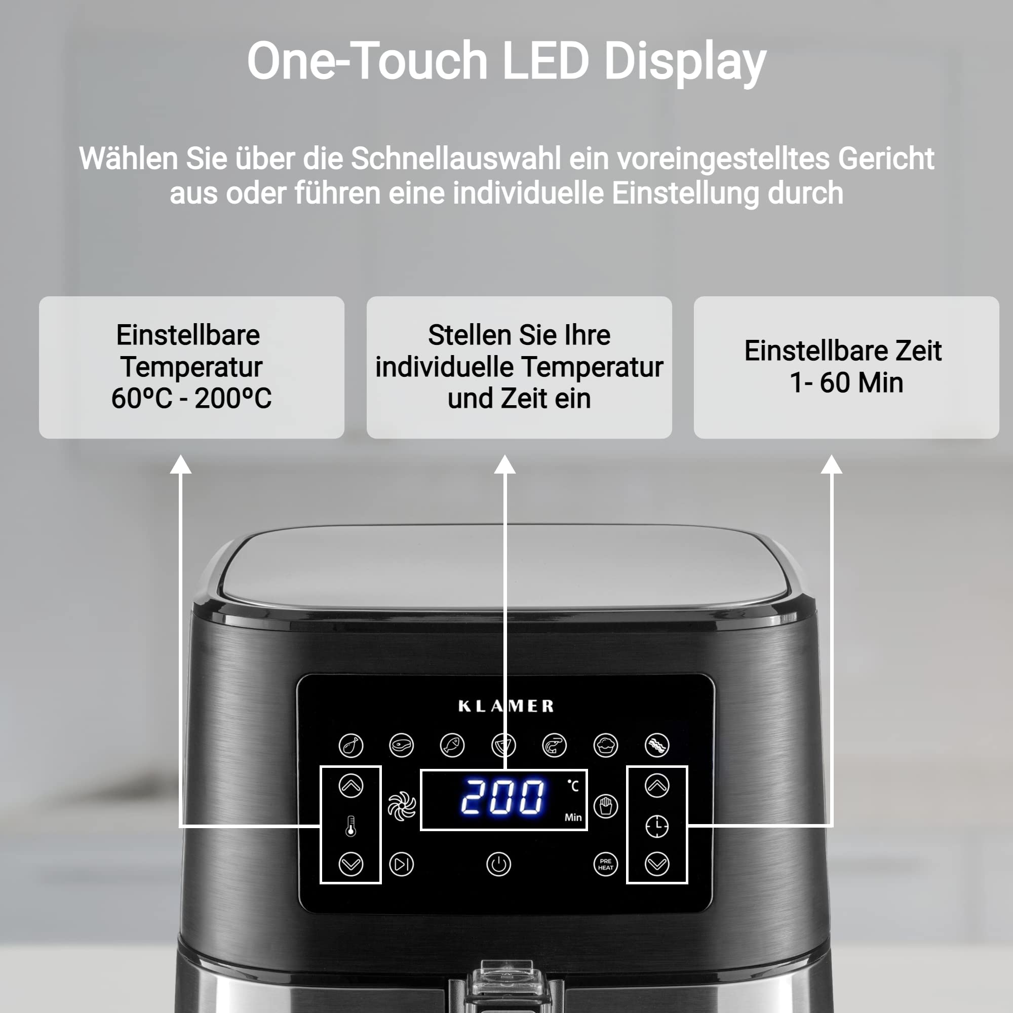 KLAMER Heißluftfritteuse XXL 5,5L – 1700W Airfryer, ölfreies Frittieren, LED-Touchscreen, digitales Rezeptbuch
