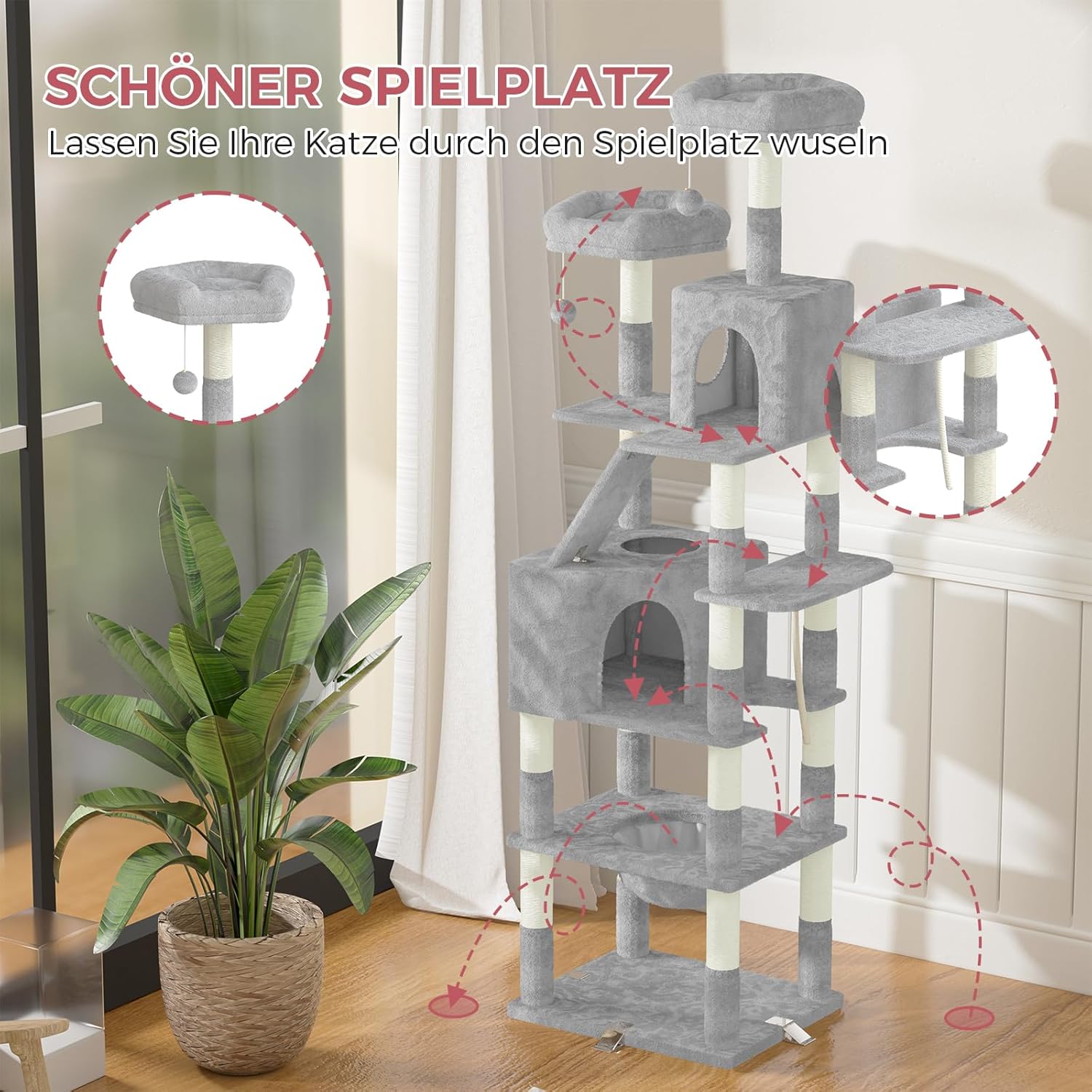 Katzenbaum XXL 208 cm mit 16 Kratzsäulen, Katzenhaus und Hängematte