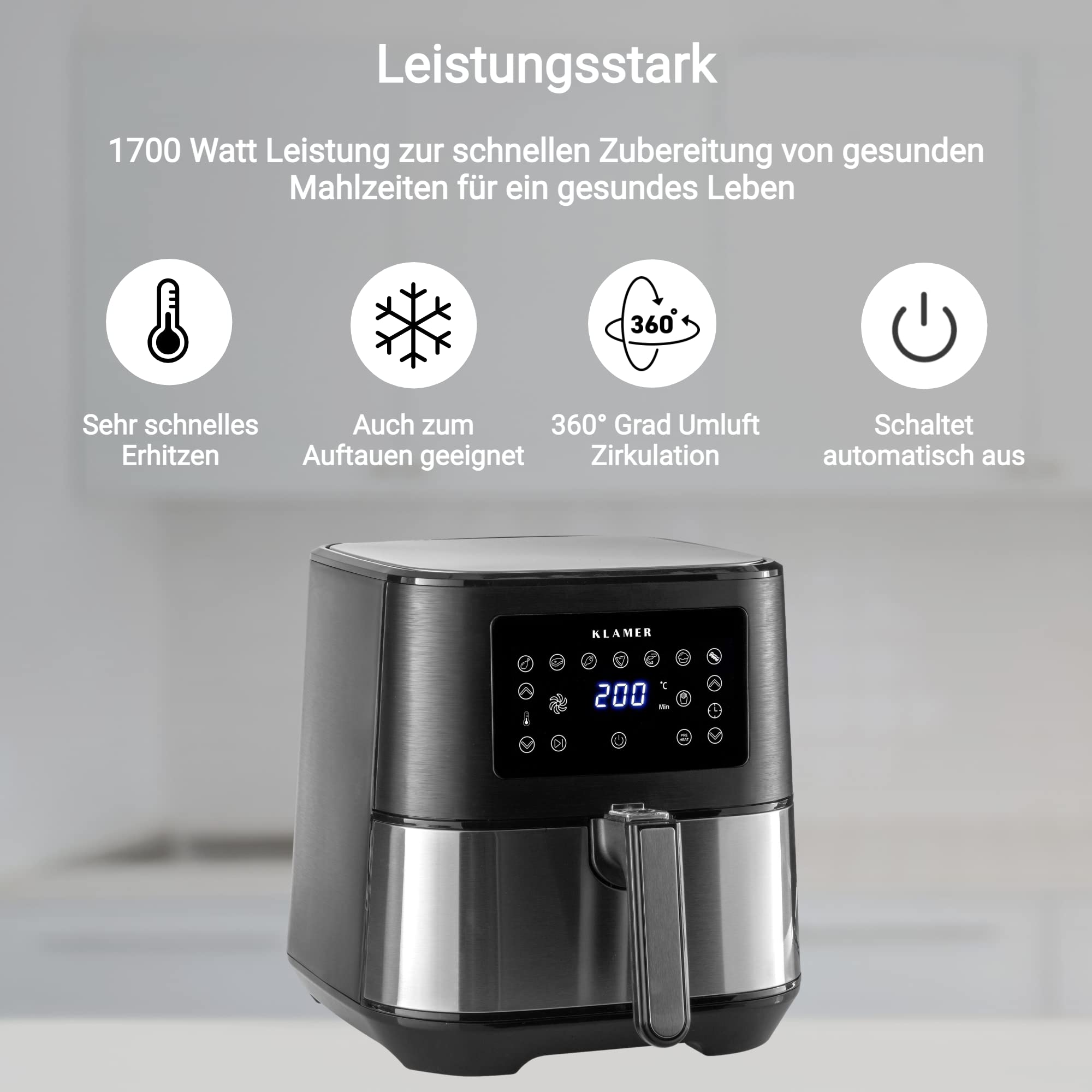 KLAMER Heißluftfritteuse XXL 5,5L – 1700W Airfryer, ölfreies Frittieren, LED-Touchscreen, digitales Rezeptbuch