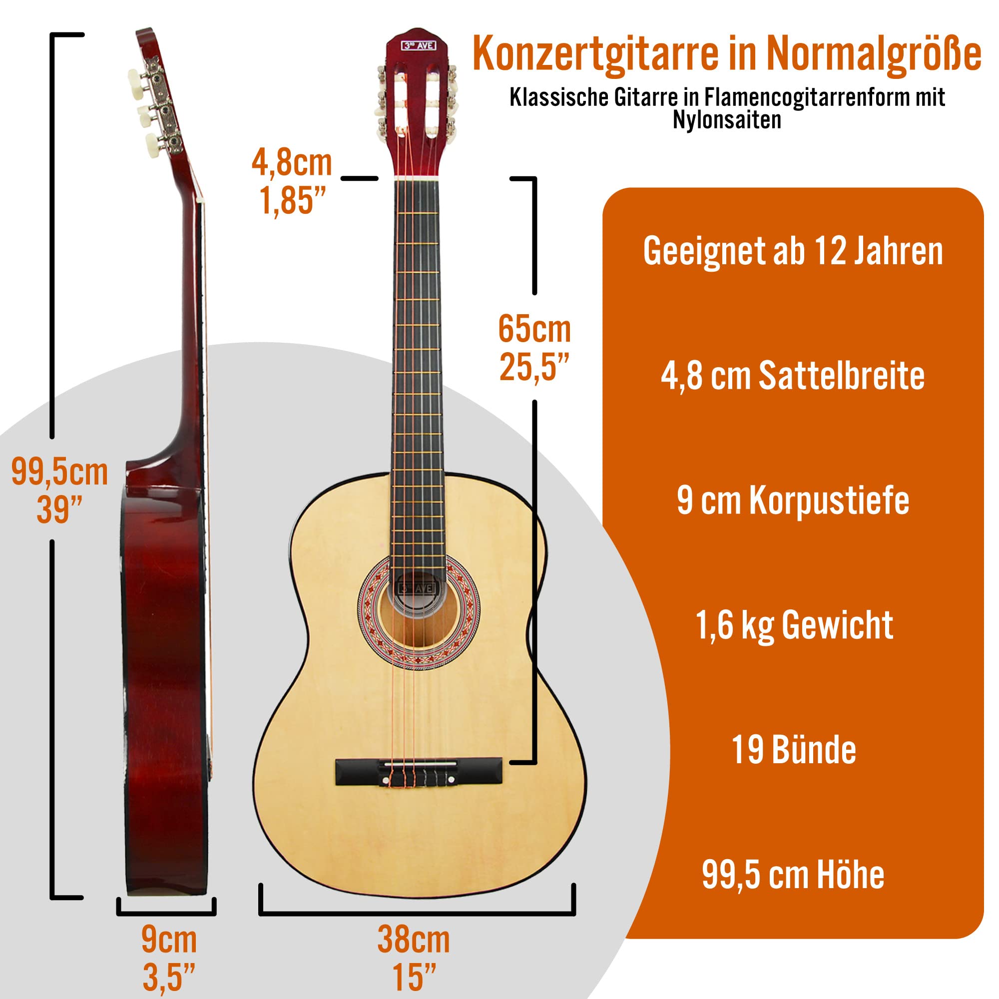 Klassikgitarre 4/4 – Vollgröße mit spanischen Nylonsaiten, Einsteigerpaket, Natur