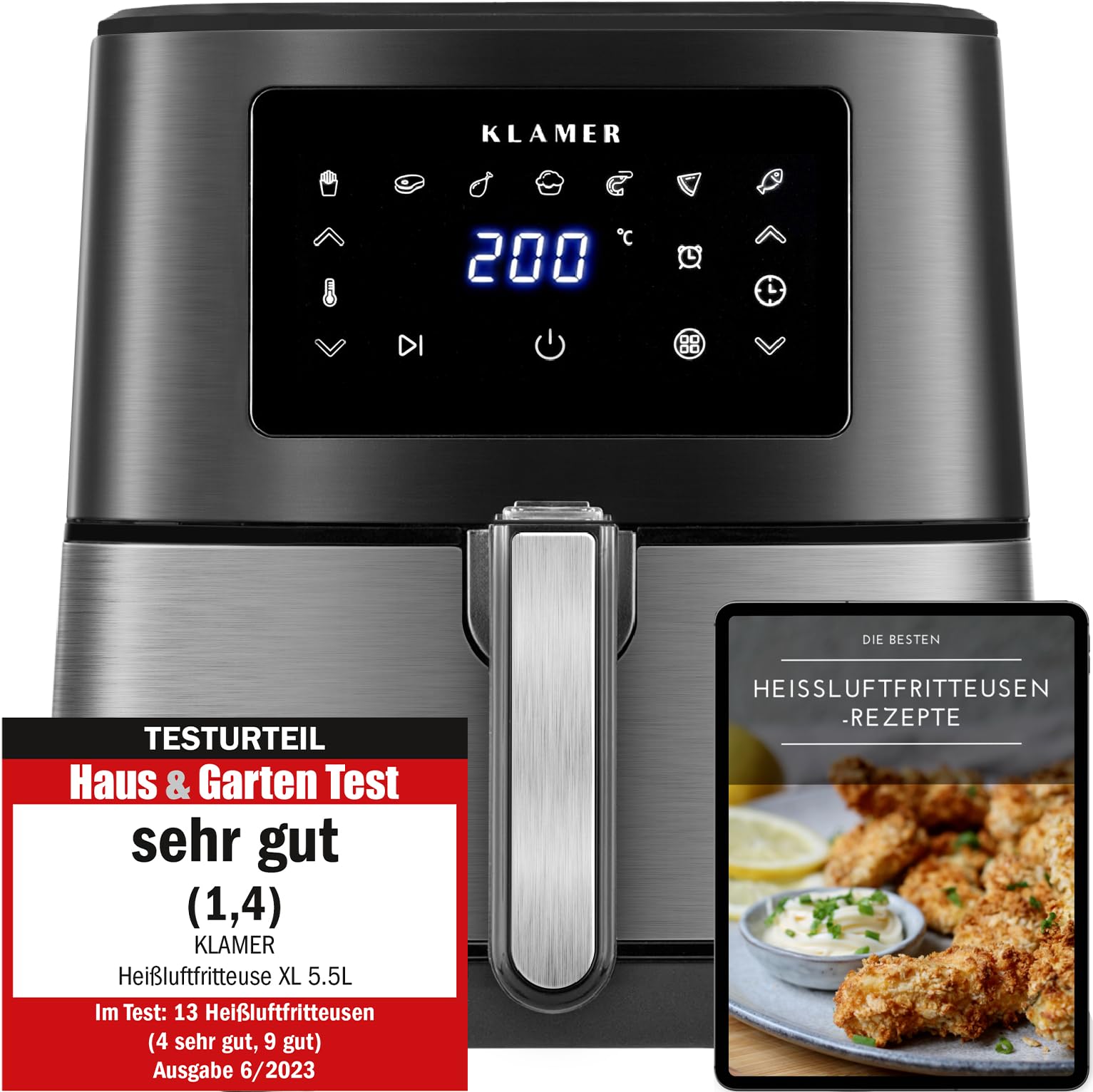 KLAMER Heißluftfritteuse XXL 5,5L – 1700W Airfryer, ölfreies Frittieren, LED-Touchscreen, digitales Rezeptbuch
