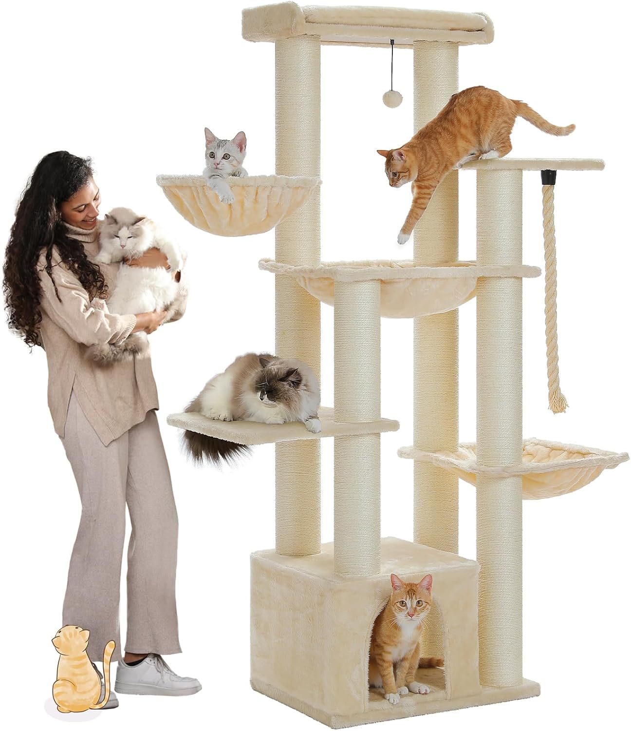 Kratzbaum für große Katzen, 169 cm, mit 11 Kratzstämmen, Hängematte und Höhle