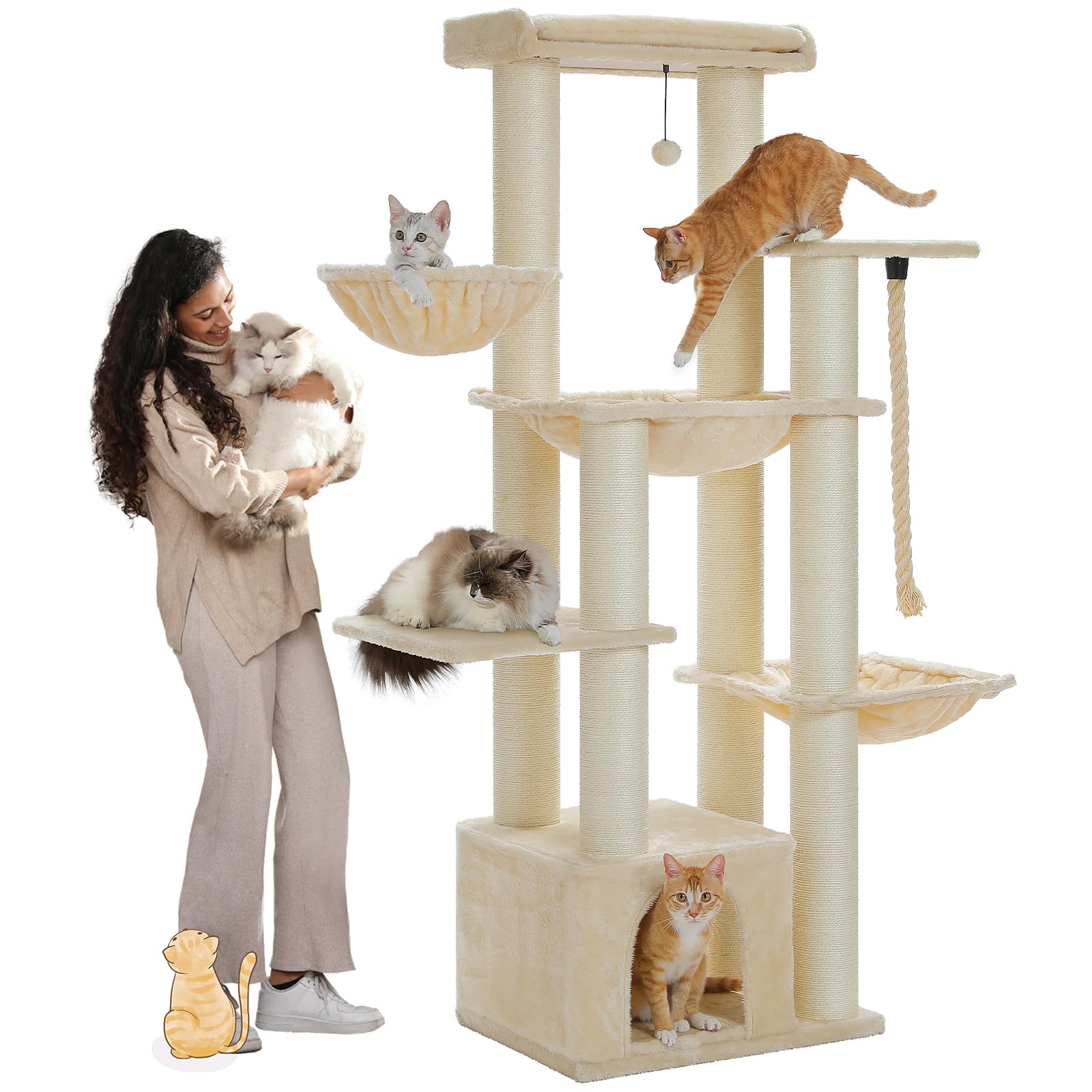 Kratzbaum für große Katzen, 169 cm, mit 11 Kratzstämmen, Hängematte und Höhle