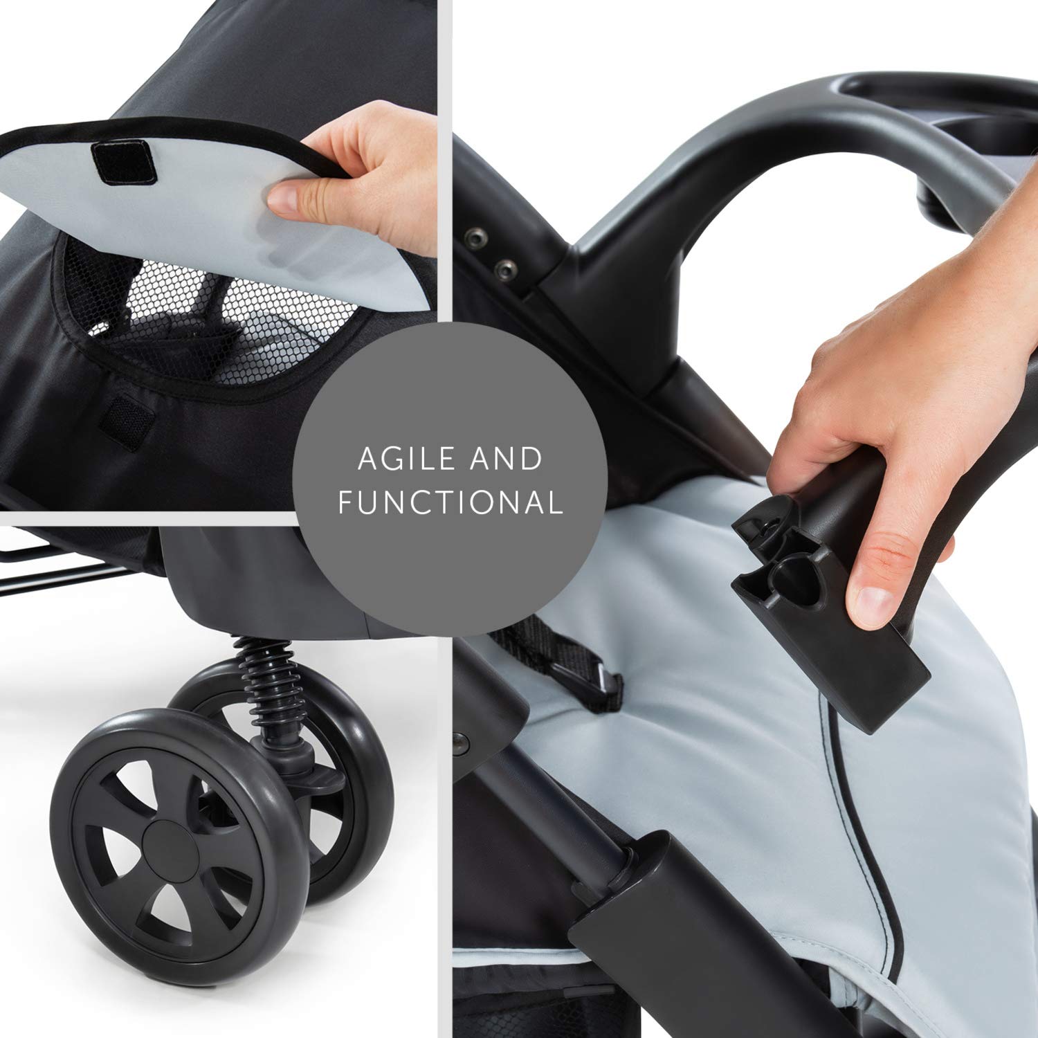 Kompakter Buggy mit Liegefunktion, Getränkehalter & XL-Korb, einhändig faltbar – Caviar/Silver