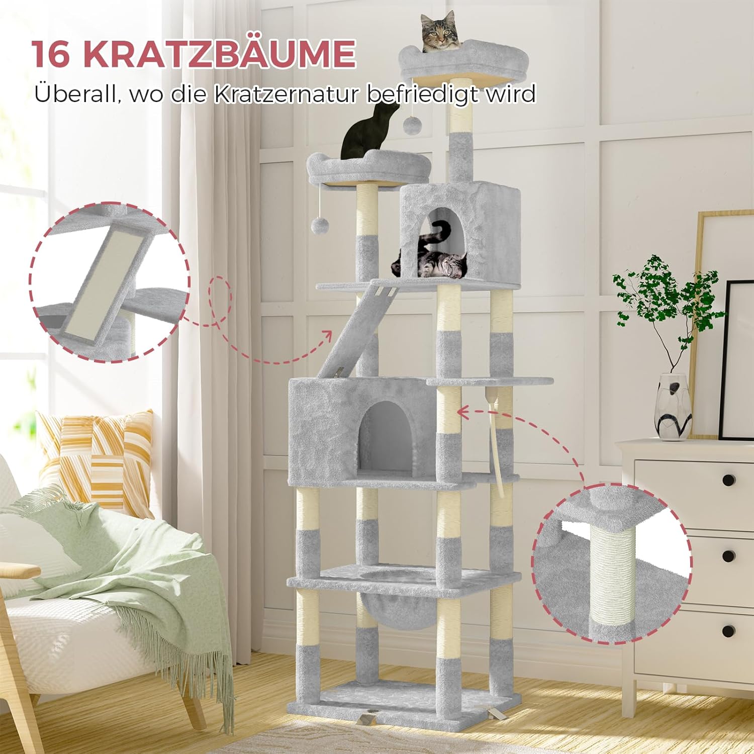 Katzenbaum XXL 208 cm mit 16 Kratzsäulen, Katzenhaus und Hängematte