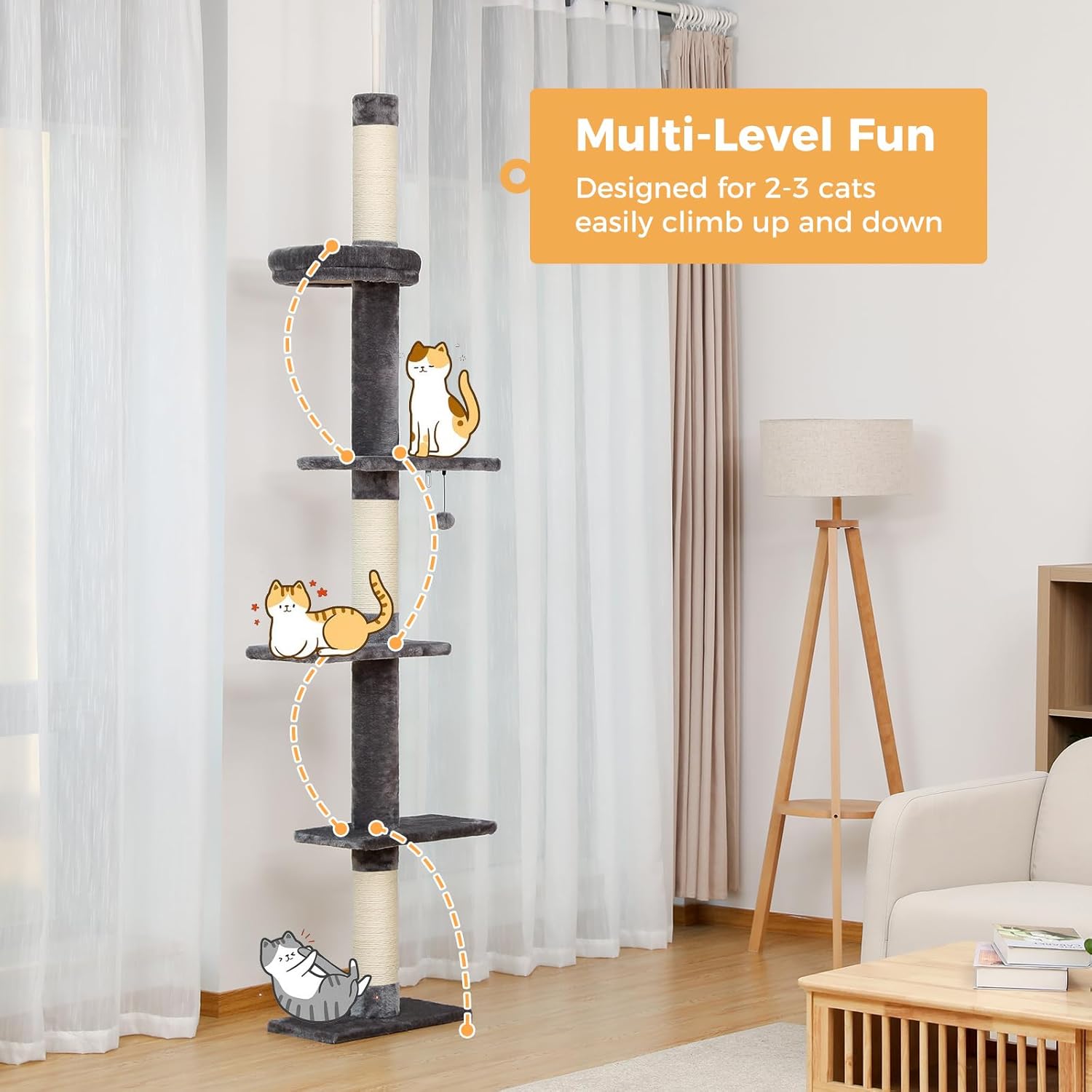 Höhenverstellbarer 5-stöckiger Kratzbaum, Deckenhoch, mit gemütlichem Bett und baumelndem Ball, für Indoor-Katzen, Grau