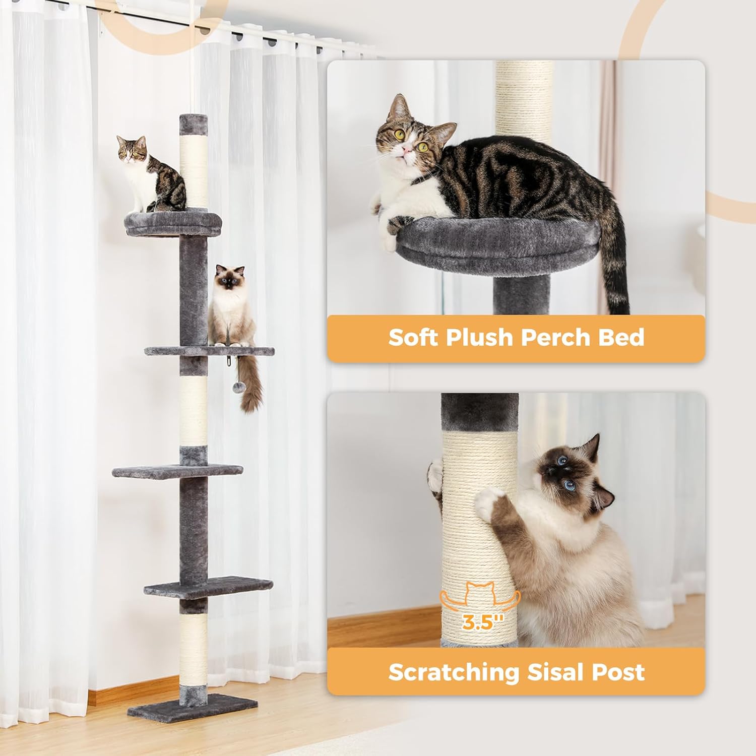 Höhenverstellbarer 5-stöckiger Kratzbaum, Deckenhoch, mit gemütlichem Bett und baumelndem Ball, für Indoor-Katzen, Grau