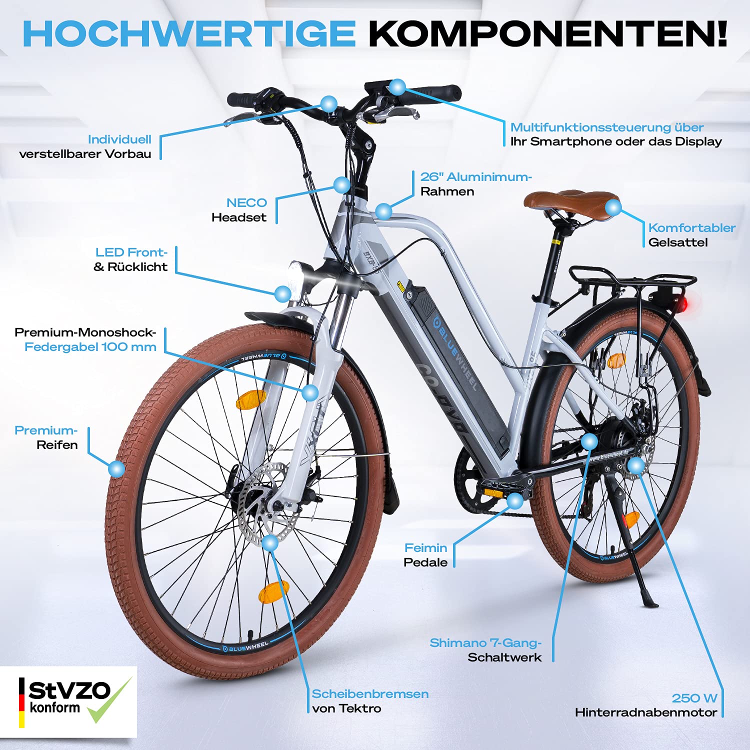 BLUEWHEEL BXB85 26" City E-Bike – 150 km Reichweite, 7 Gänge, 25 km/h