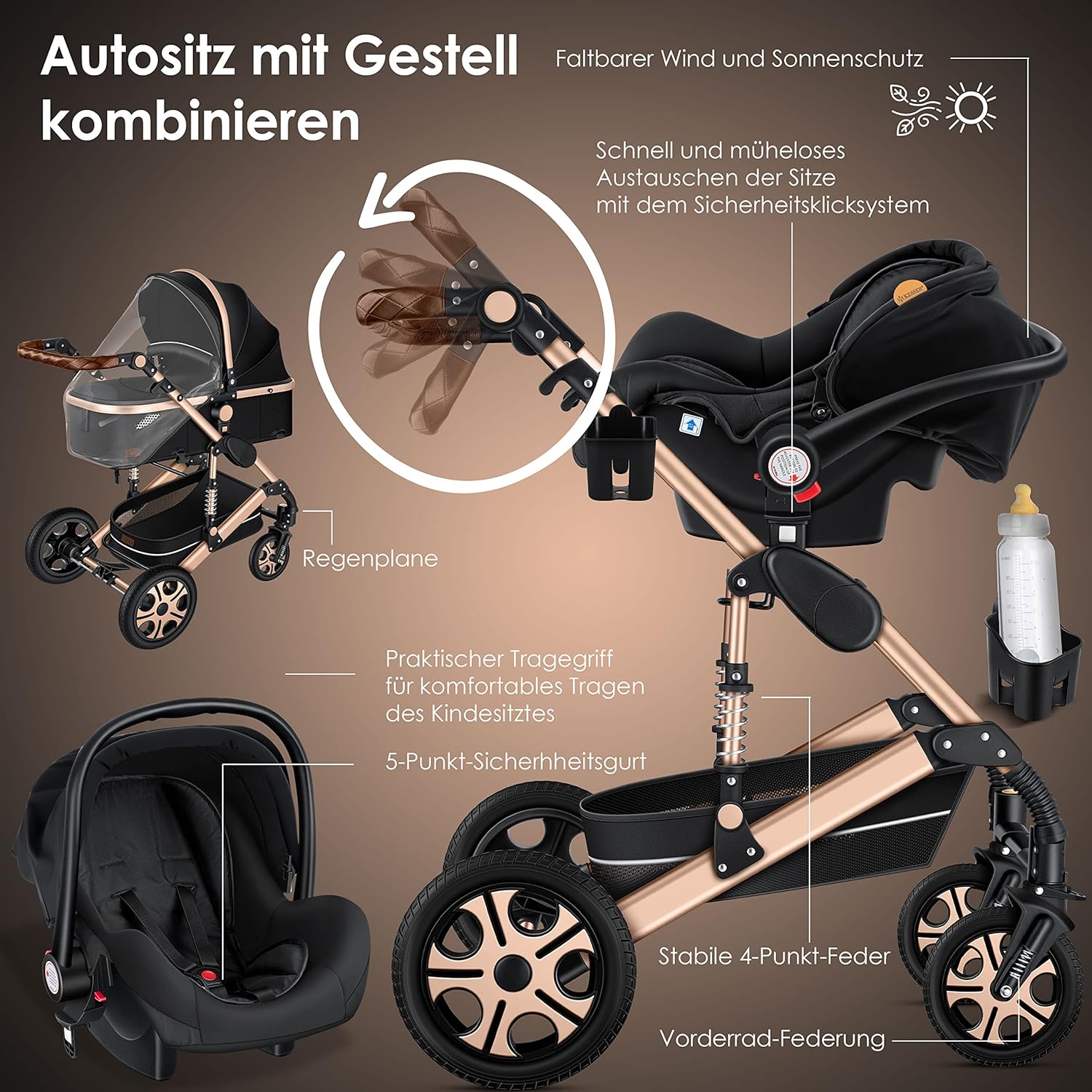 3-in-1 Kombikinderwagen Set – Babywanne, Buggy & Autoschale mit Zubehör, Schwarz/Champagne