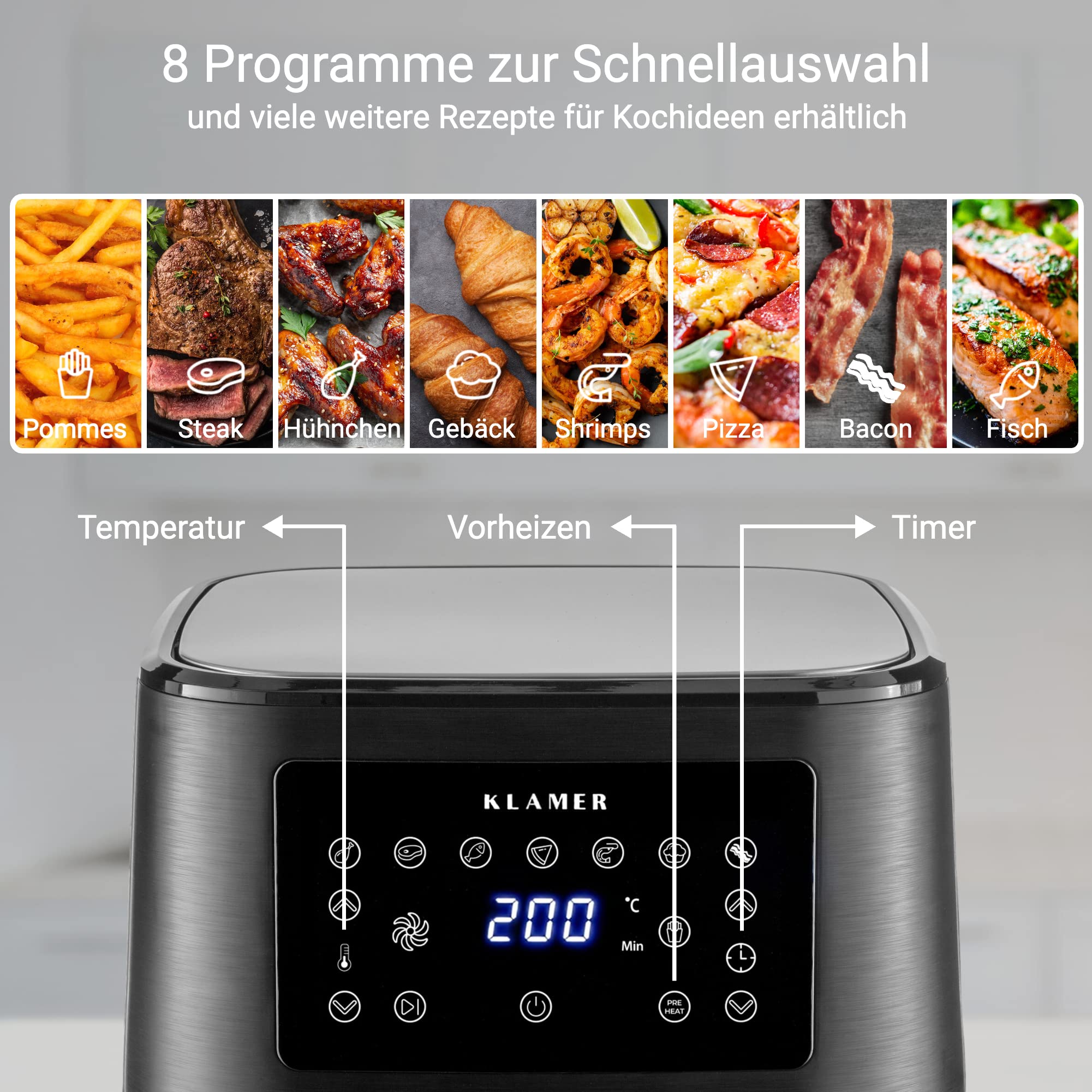KLAMER Heißluftfritteuse XXL 5,5L – 1700W Airfryer, ölfreies Frittieren, LED-Touchscreen, digitales Rezeptbuch