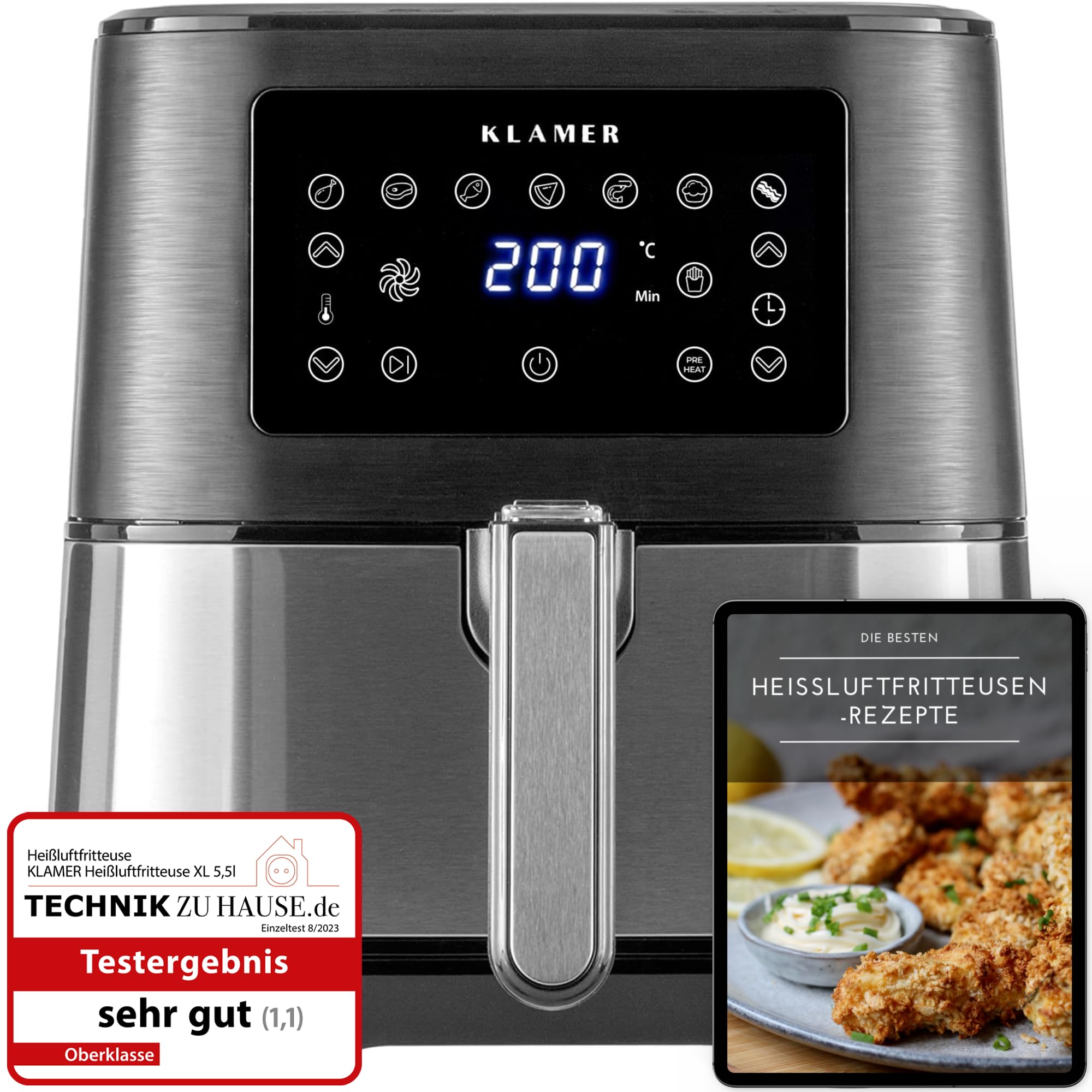 KLAMER Heißluftfritteuse XXL 5,5L – 1700W Airfryer, ölfreies Frittieren, LED-Touchscreen, digitales Rezeptbuch