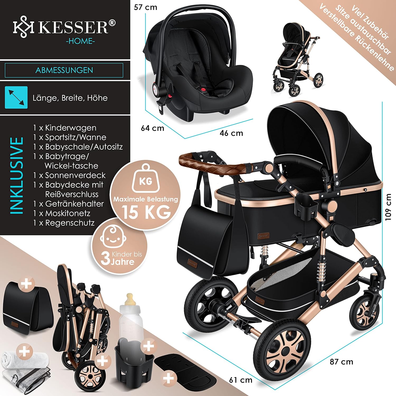 3-in-1 Kombikinderwagen Set – Babywanne, Buggy & Autoschale mit Zubehör, Schwarz/Champagne