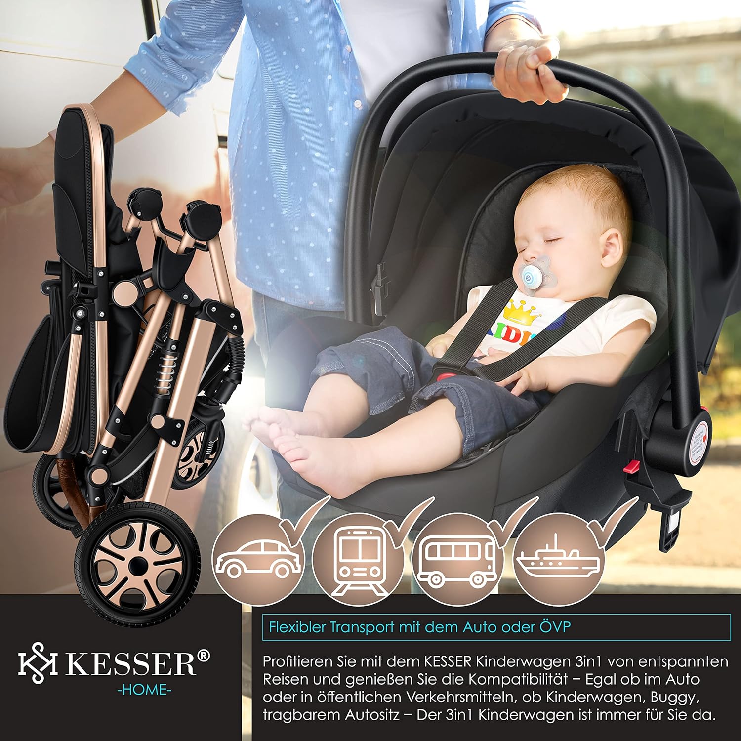 3-in-1 Kombikinderwagen Set – Babywanne, Buggy & Autoschale mit Zubehör, Schwarz/Champagne