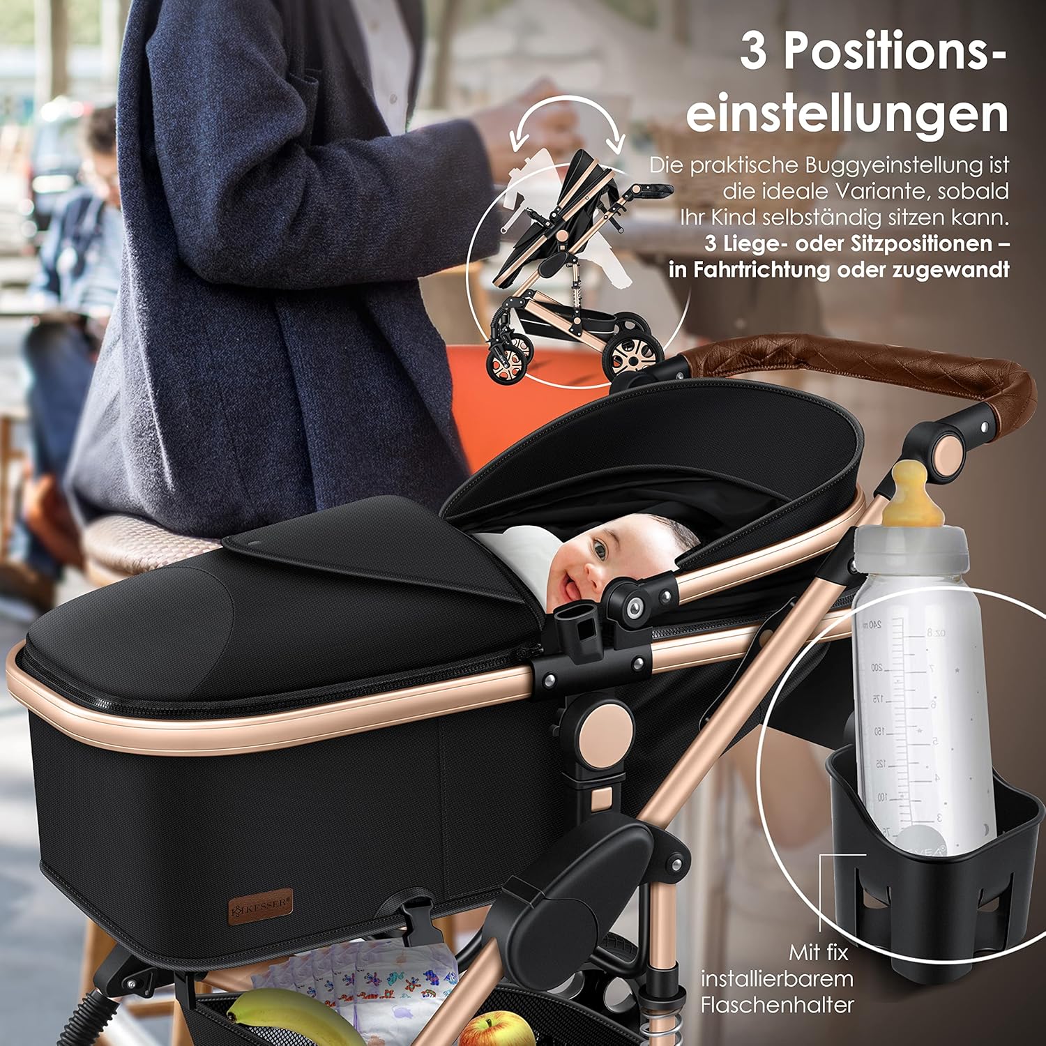 3-in-1 Kombikinderwagen Set – Babywanne, Buggy & Autoschale mit Zubehör, Schwarz/Champagne