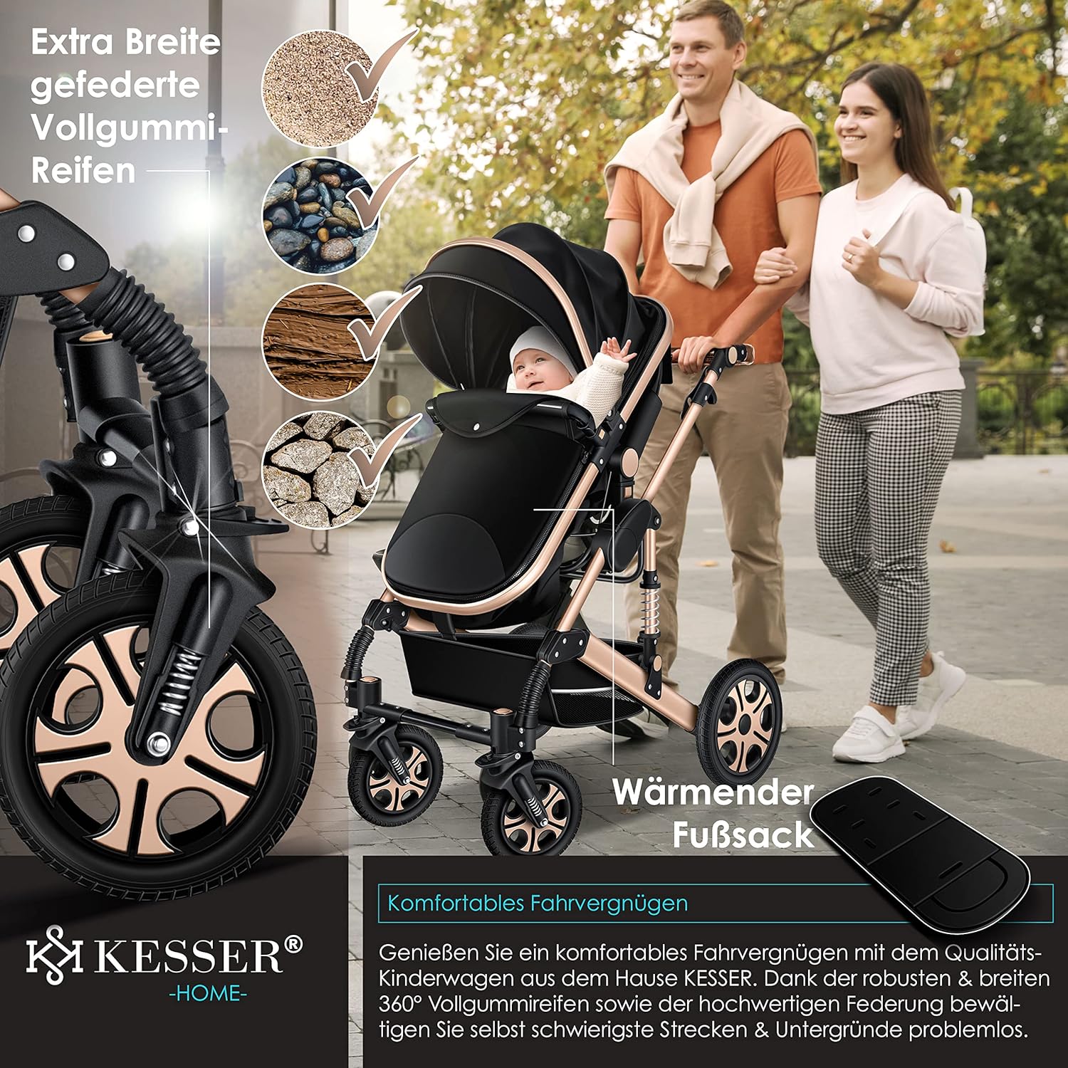 3-in-1 Kombikinderwagen Set – Babywanne, Buggy & Autoschale mit Zubehör, Schwarz/Champagne